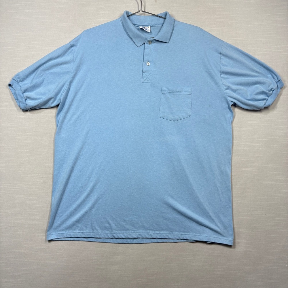Vintage Stedman Hanes‎ Polo Pocket Shirt Men 2XL XXL Light Blue Blank Stained